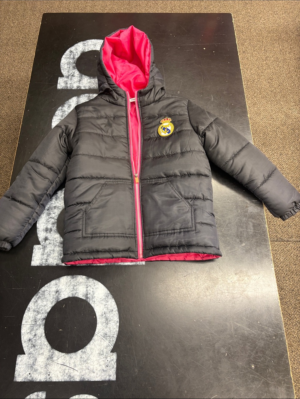 Real Madrid  Unisex Black Puffer Jacket with Pink Lining